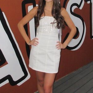 12th Tribe - Rylie White denim strapless fringe mini dress